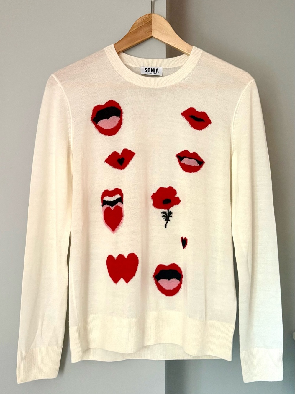 Sonia by Sonia Rykiel Intarsia Lips Hearts Poppy Sweater Cream Wool M - Picture 2 of 6